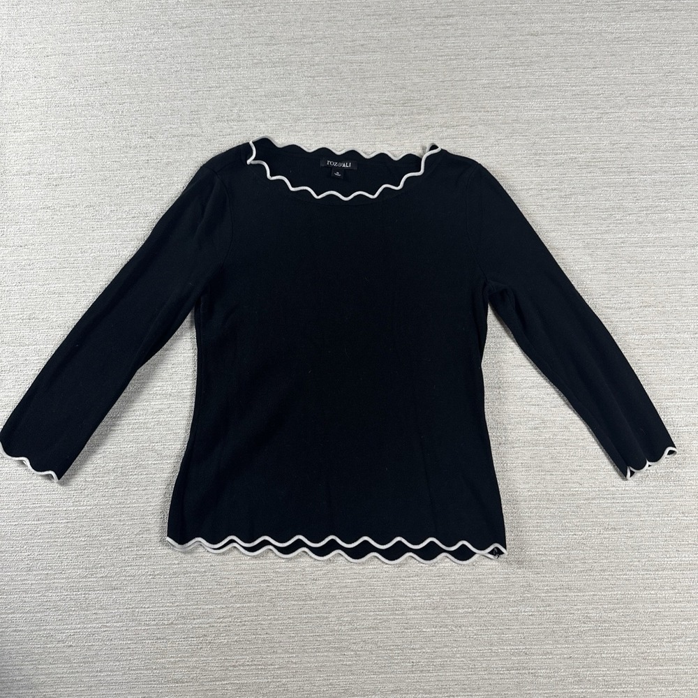 Retro Mod Black White Scallop Trim Sweater Top Preppy Minimalist M Career Work